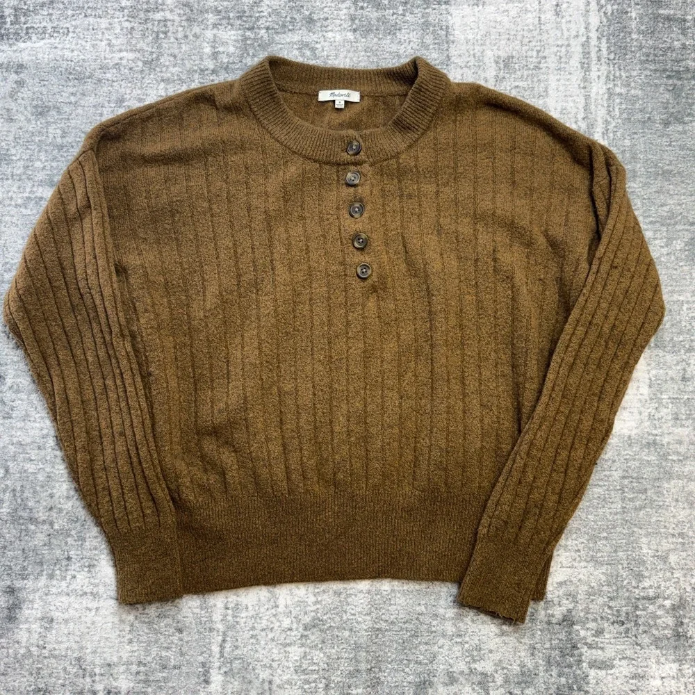 Madewell Sweater Women Medium Brown Drab Bowden Henley Ribbed Merino Alpaca - Picture 1 of 10